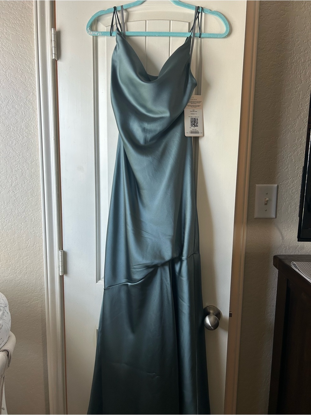Revelry Satin Cowl Slip Dress in eucalyptus green